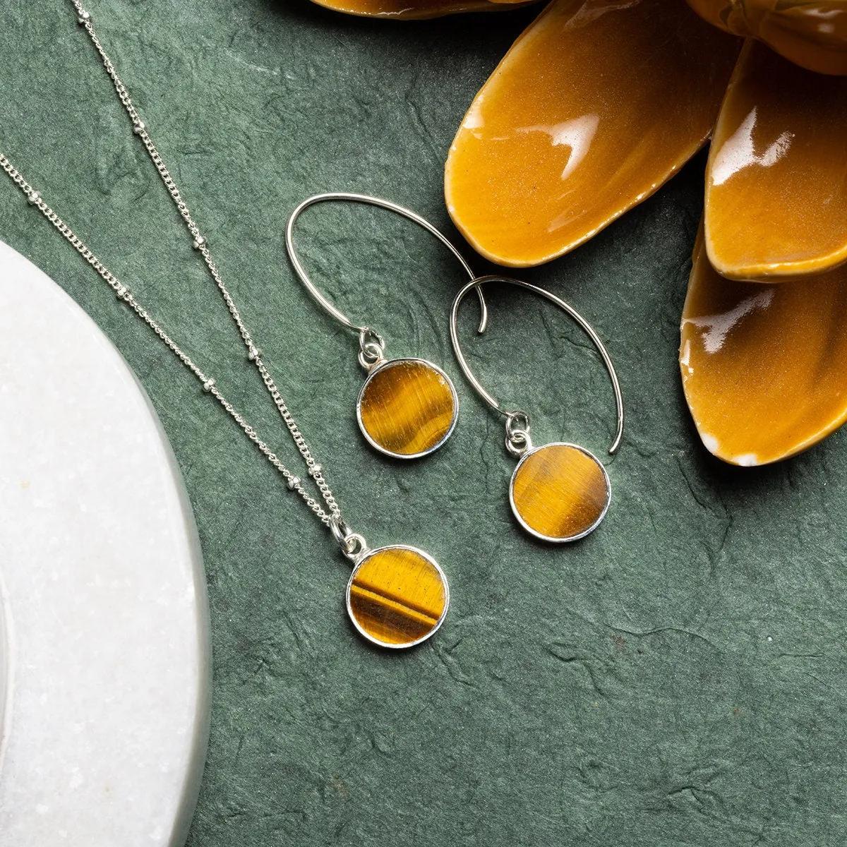 Tiger's Eye Silver Jewelry Set - Circle Pendant Necklace AND matching dangle earrings