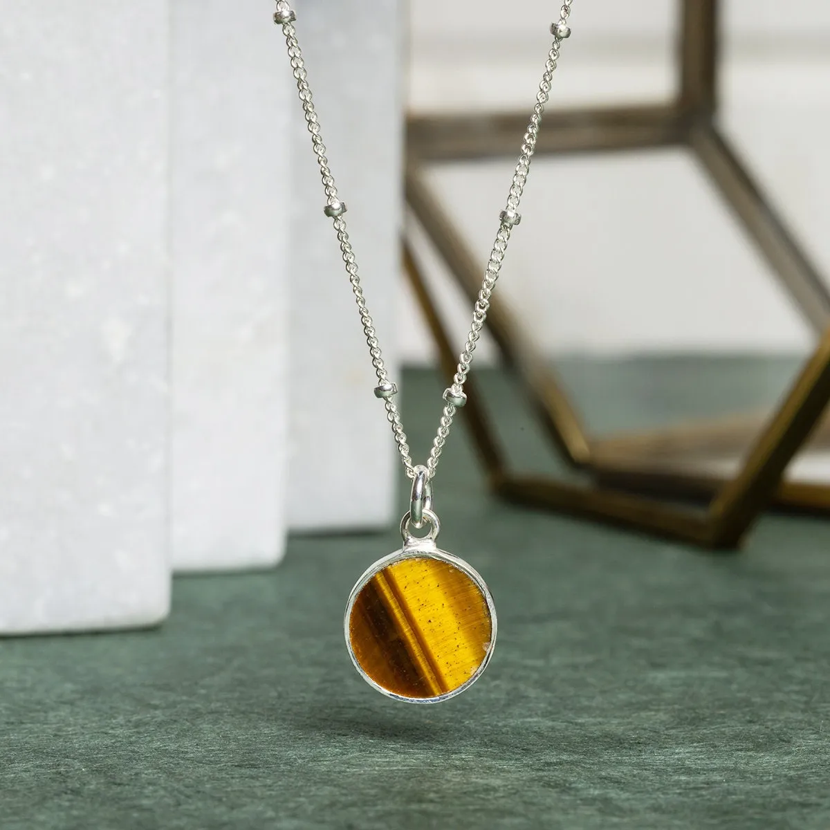 Tiger's Eye Silver Jewelry Set - Circle Pendant Necklace AND matching dangle earrings