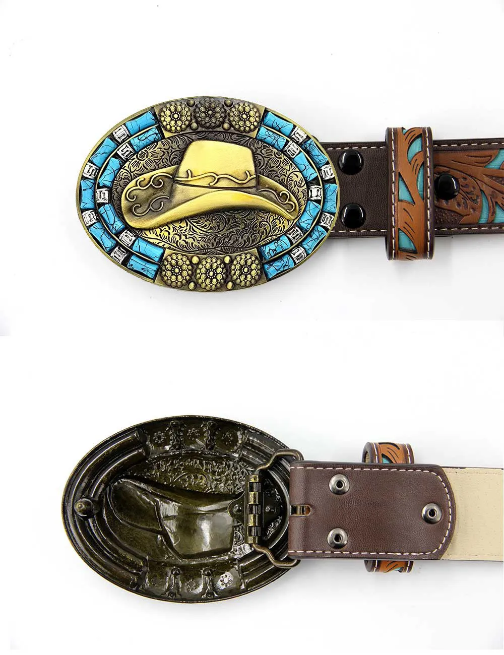 TOPACC Western Turquoise Belts - Cowboy Hat Belt Buckle Copper/Bronze