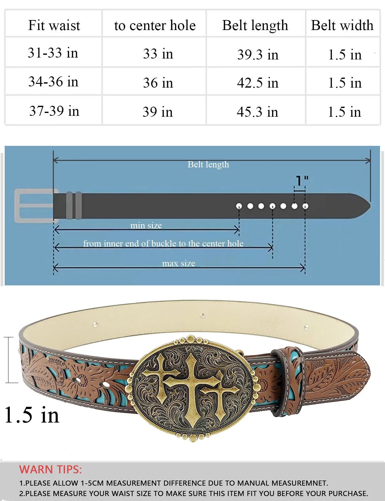 TOPACC Western Turquoise Belts - Three Cross Belt Buckle Copper/Bronze