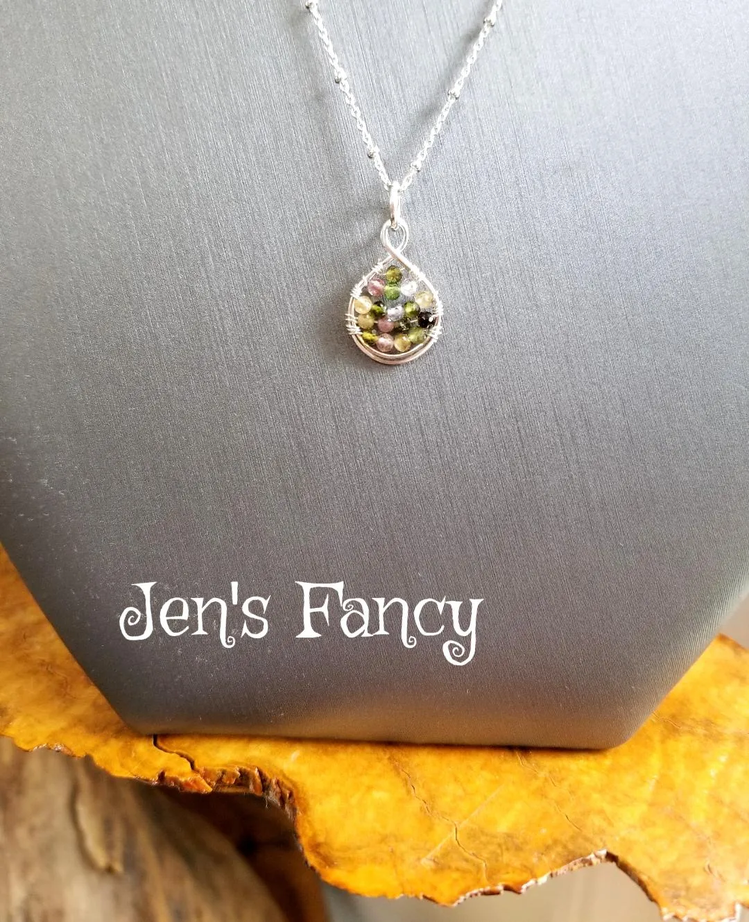 Tourmaline Necklace Sterling Silver Wire Wrapped Infinity Pendant