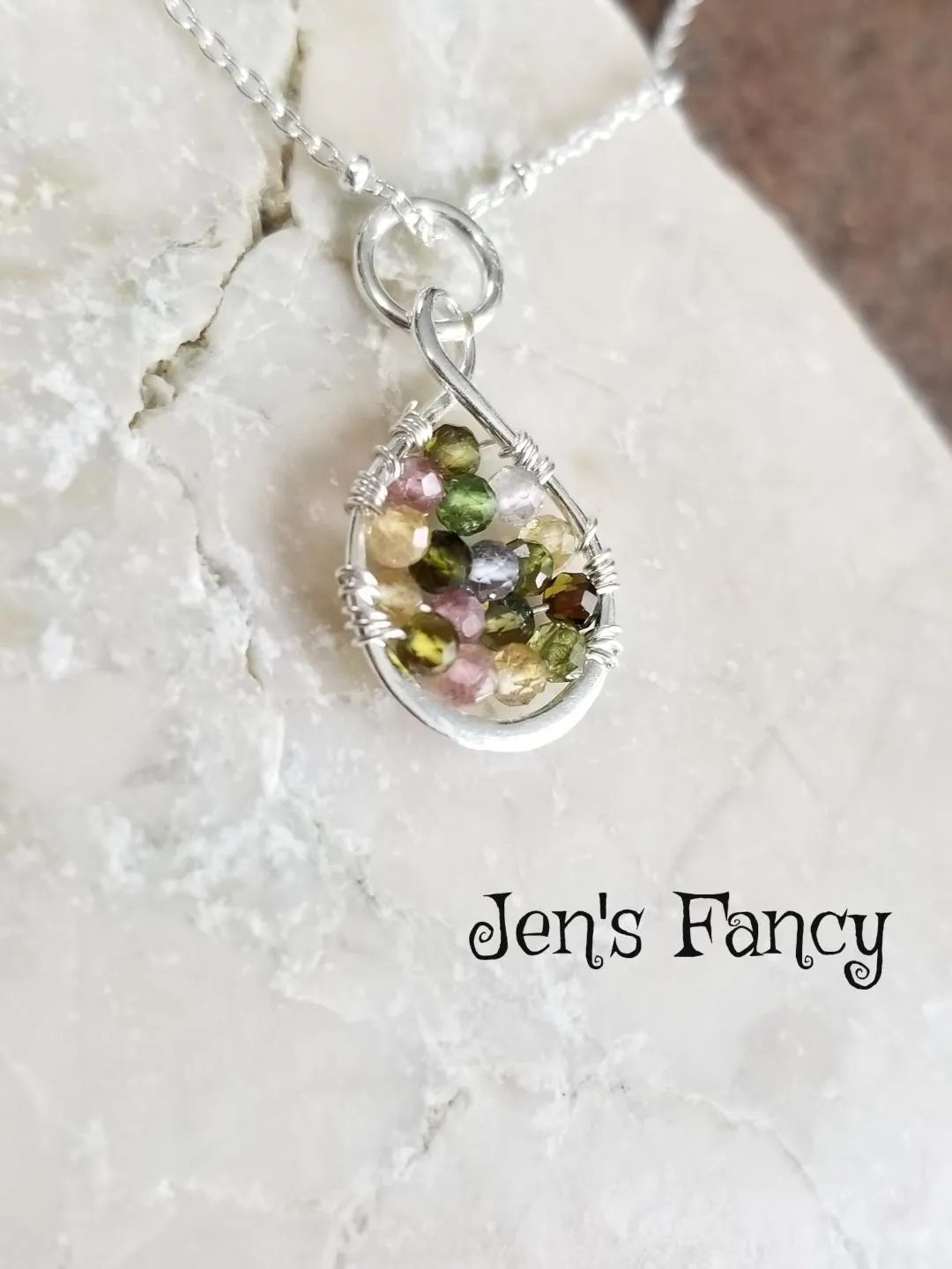 Tourmaline Necklace Sterling Silver Wire Wrapped Infinity Pendant