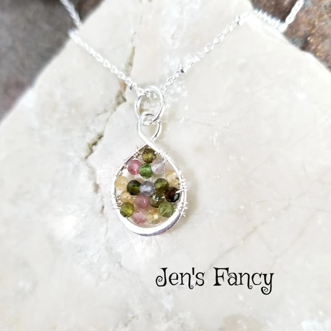 Tourmaline Necklace Sterling Silver Wire Wrapped Infinity Pendant