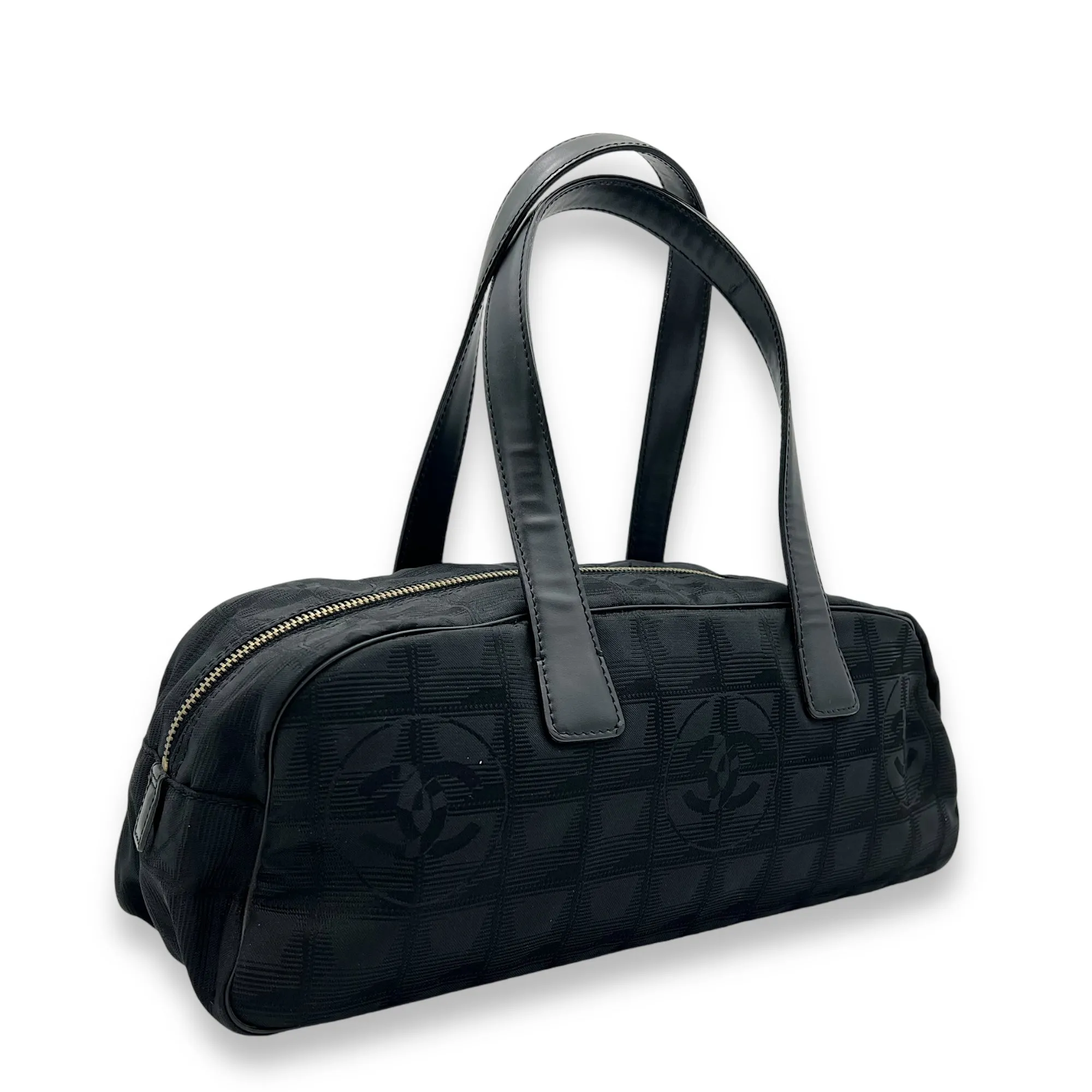 Travel Line Boston Black Top Handle Bag in Canvas, Gold hardware