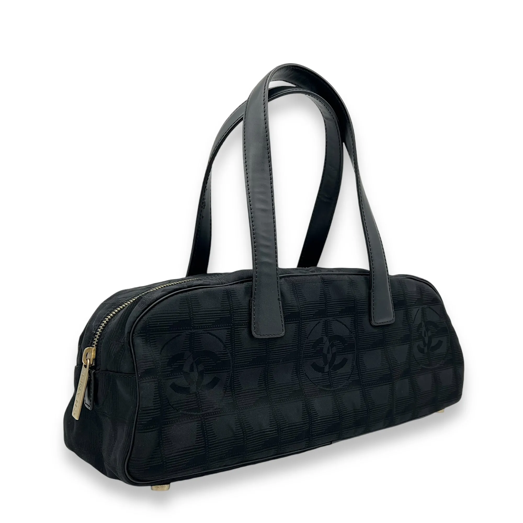 Travel Line Boston Black Top Handle Bag in Canvas, Gold hardware