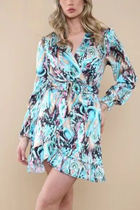 Turquoise Abstract Pattern Print V Neck Belt Ruffle Hem Dress