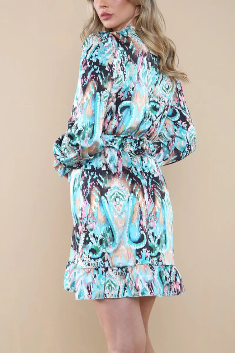 Turquoise Abstract Pattern Print V Neck Belt Ruffle Hem Dress