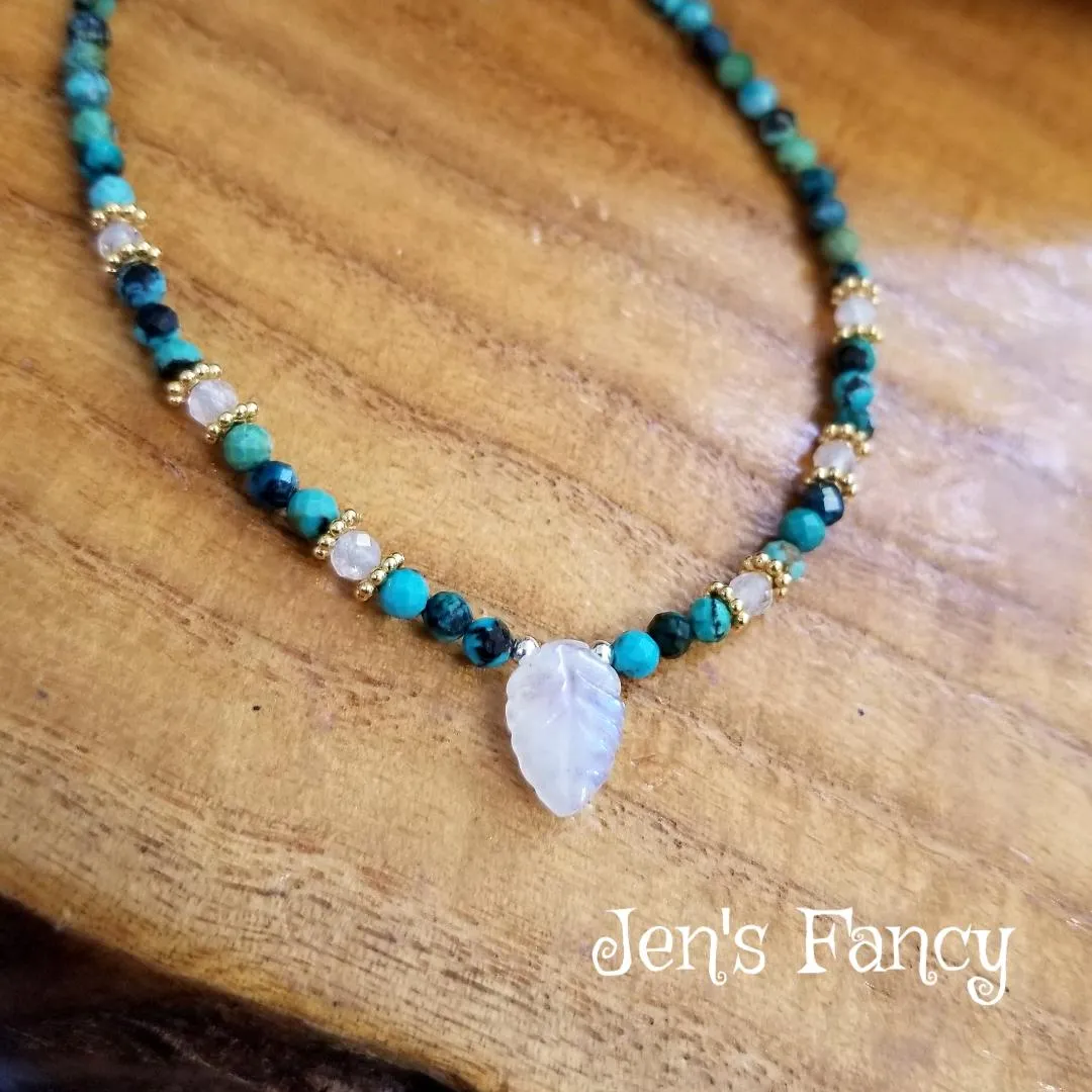 Turquoise & Moonstone Leaf Genuine Gemstone Necklace Sterling Silver