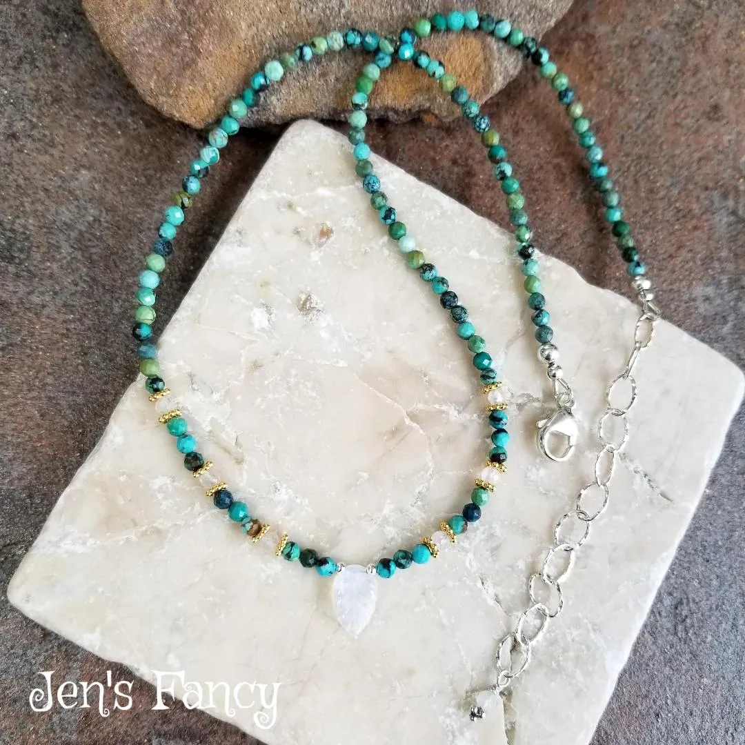 Turquoise & Moonstone Leaf Genuine Gemstone Necklace Sterling Silver