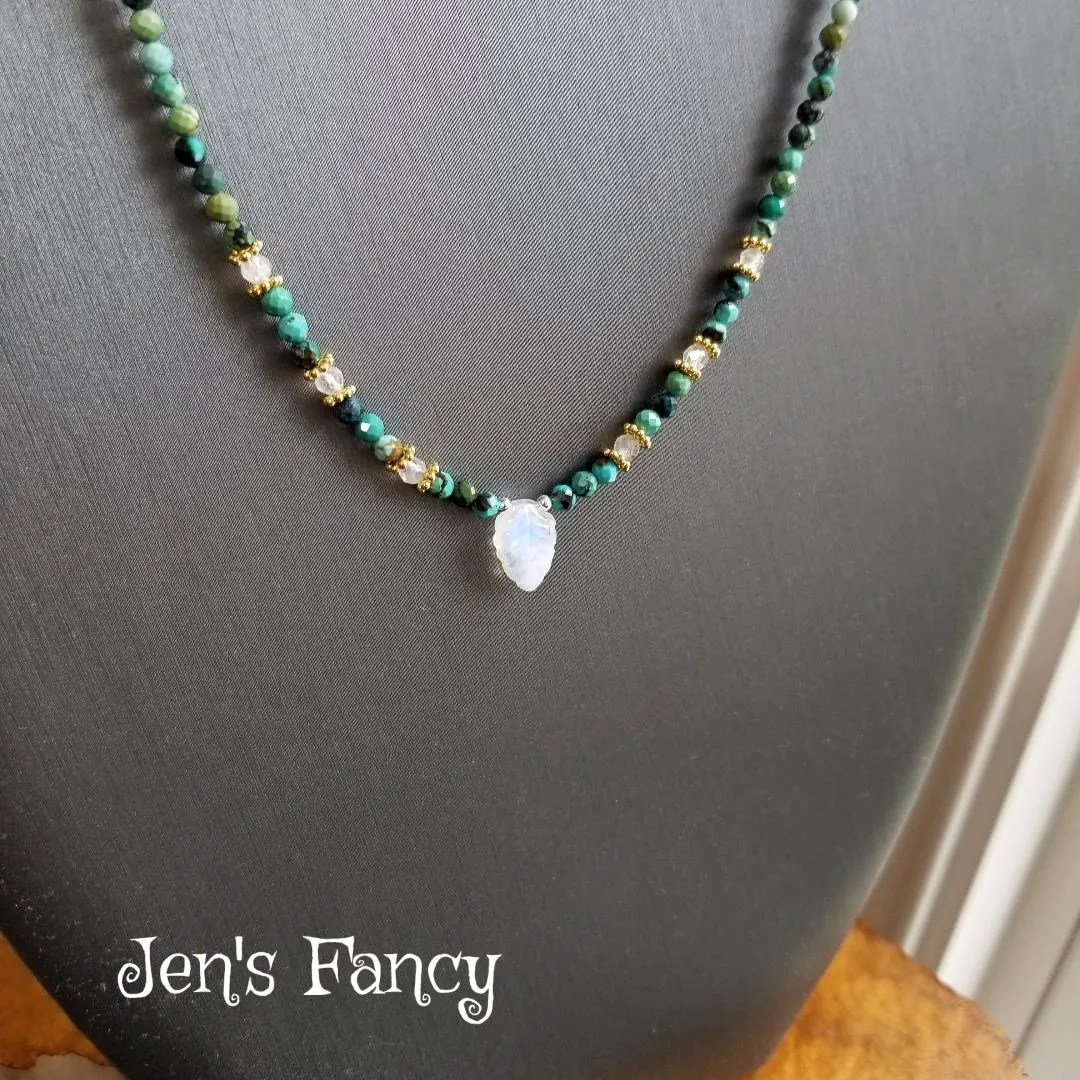 Turquoise & Moonstone Leaf Genuine Gemstone Necklace Sterling Silver