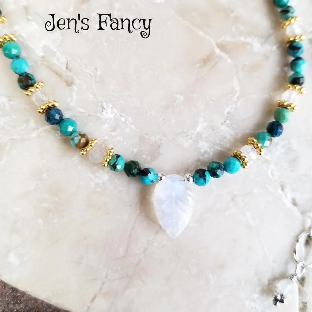 Turquoise & Moonstone Leaf Genuine Gemstone Necklace Sterling Silver