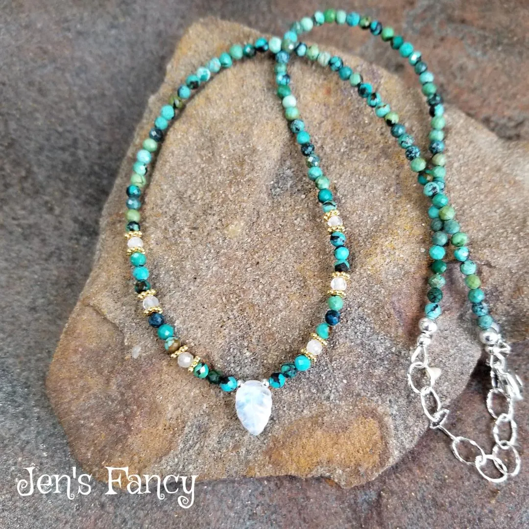 Turquoise & Moonstone Leaf Genuine Gemstone Necklace Sterling Silver
