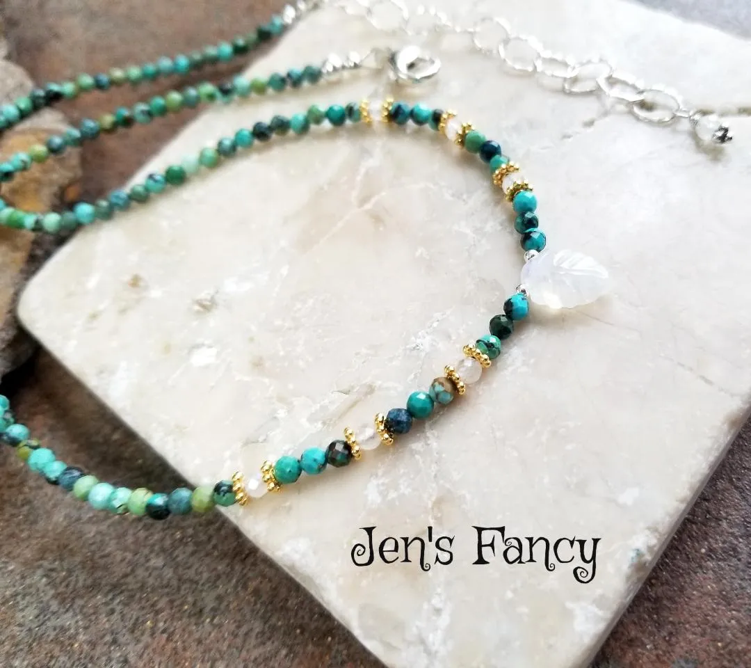 Turquoise & Moonstone Leaf Genuine Gemstone Necklace Sterling Silver