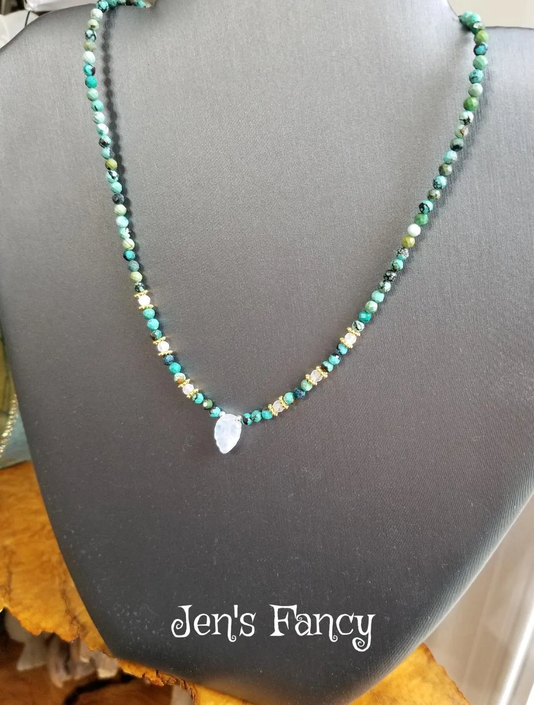 Turquoise & Moonstone Leaf Genuine Gemstone Necklace Sterling Silver