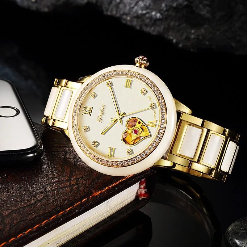 Unisex Luxury Natural Jade Hollow Automatic Mechanical Clock Watch