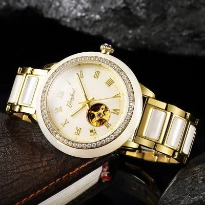 Unisex Luxury Natural Jade Hollow Automatic Mechanical Clock Watch