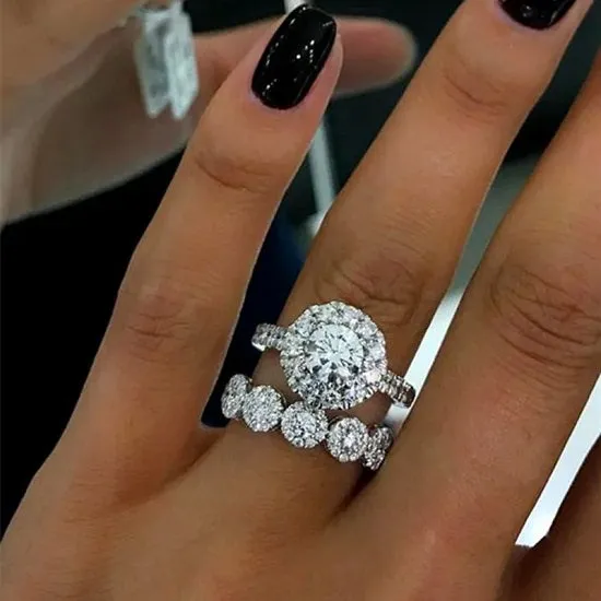 Vintage Lab Diamond Ring Sets 925 Sterling Silver 18 karat White Gold Plated Engagement Wedding Rings For Women
