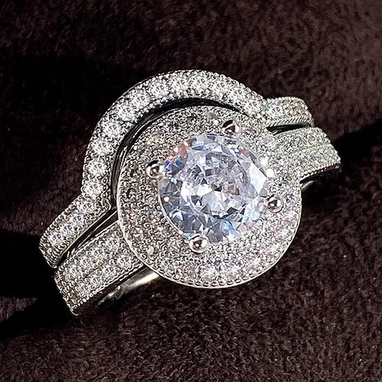 Vintage Lab Diamond Ring Sets 925 Sterling Silver 18 karat White Gold Plated Engagement Wedding Rings For Women