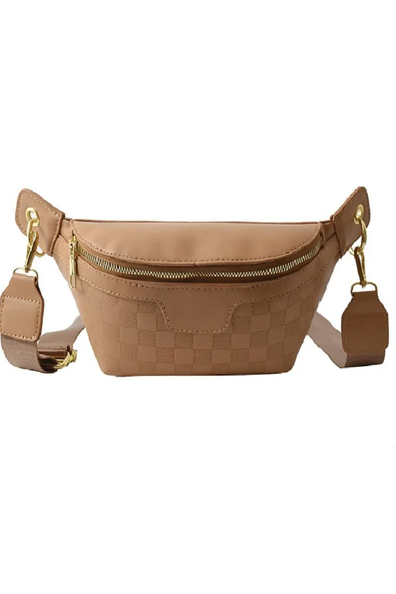 Zenana Your Next Adventure Light Camel Check Faux Leather Fanny Pack